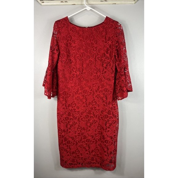 Gabby Style Dress Knee Length Red Lace Peasant Sleeves Size 10 - Picture 1 of 8